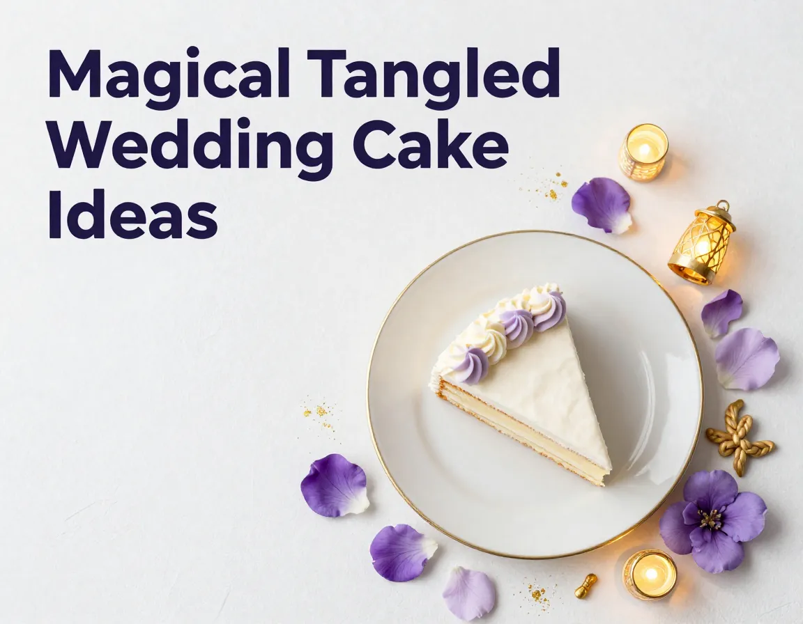 Overhead shot of a tangled wedding cake slice with sugar flowers glowing lanterns