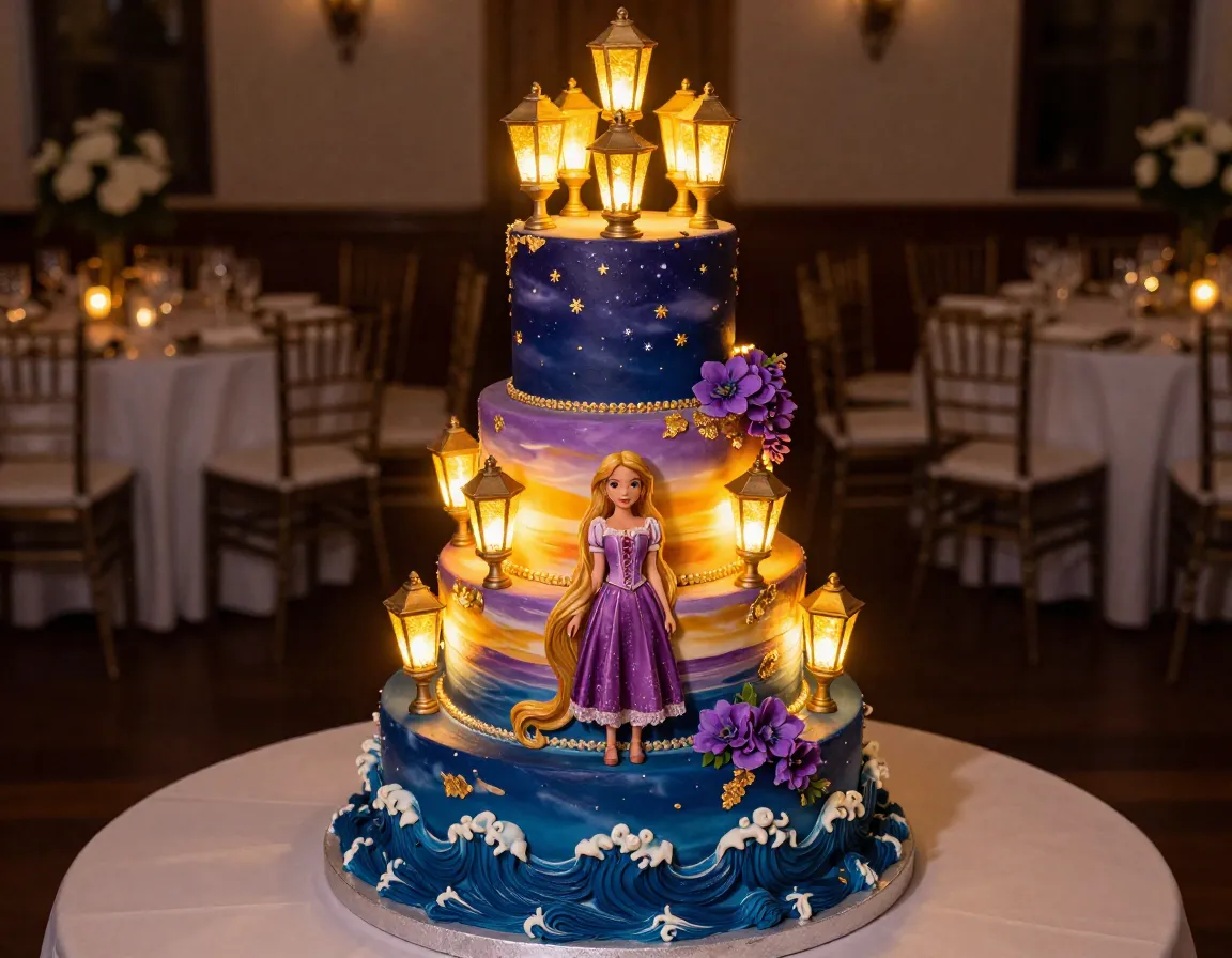 Three tiered wedding cake with glowing lanterns and blue buttercream waves