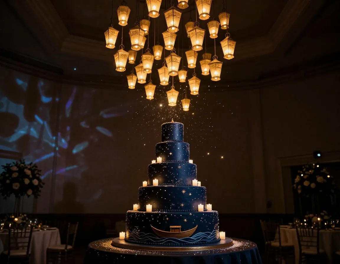 Dark navy cake with floating lanterns and edible boat scene