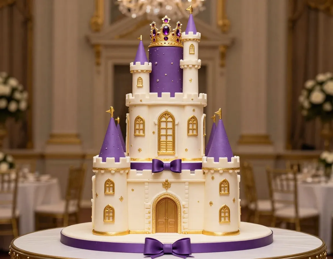 Corona castle wedding cake with gold turrets and purple ribbons