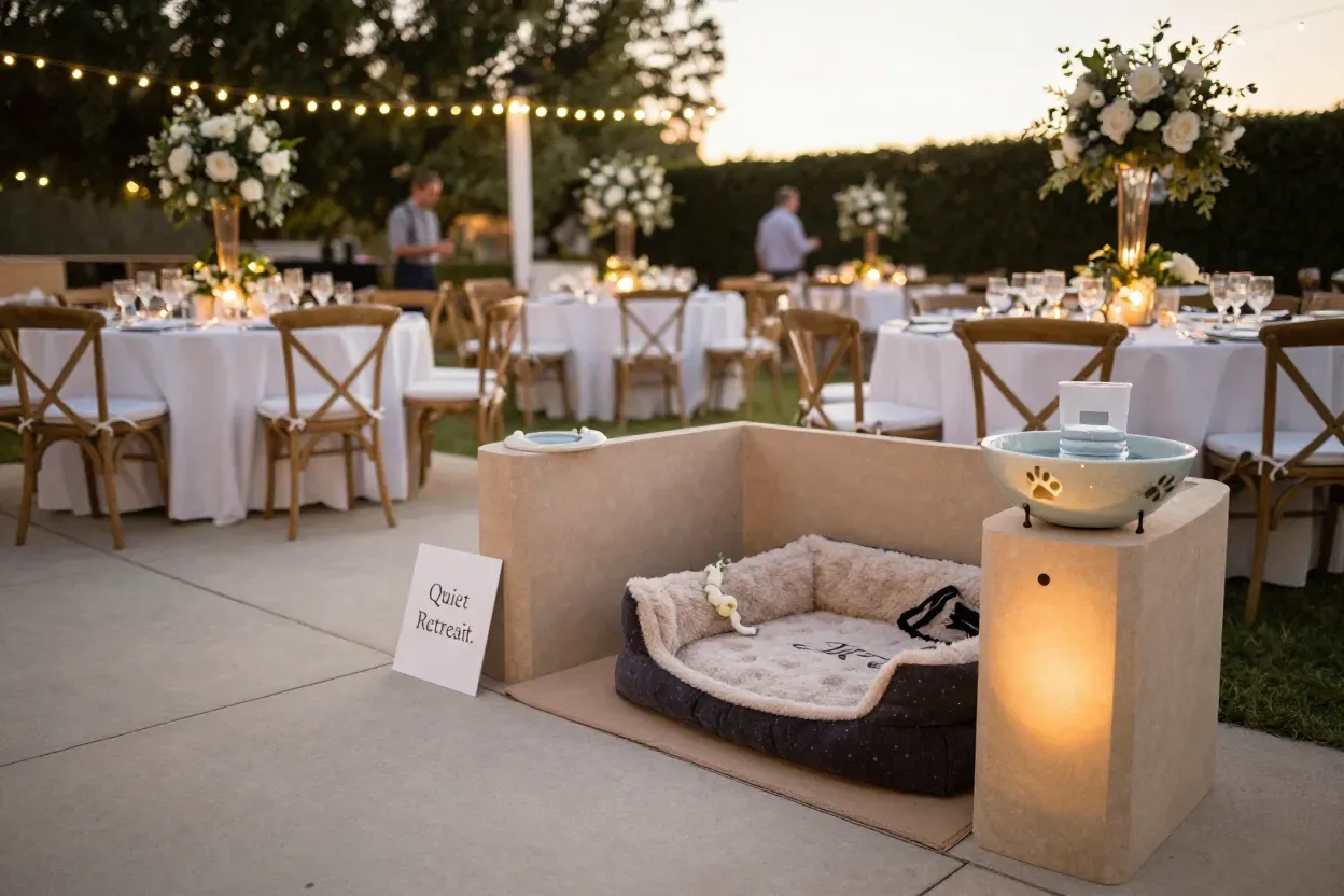 Wedding reception with designated pet retreat space and water station