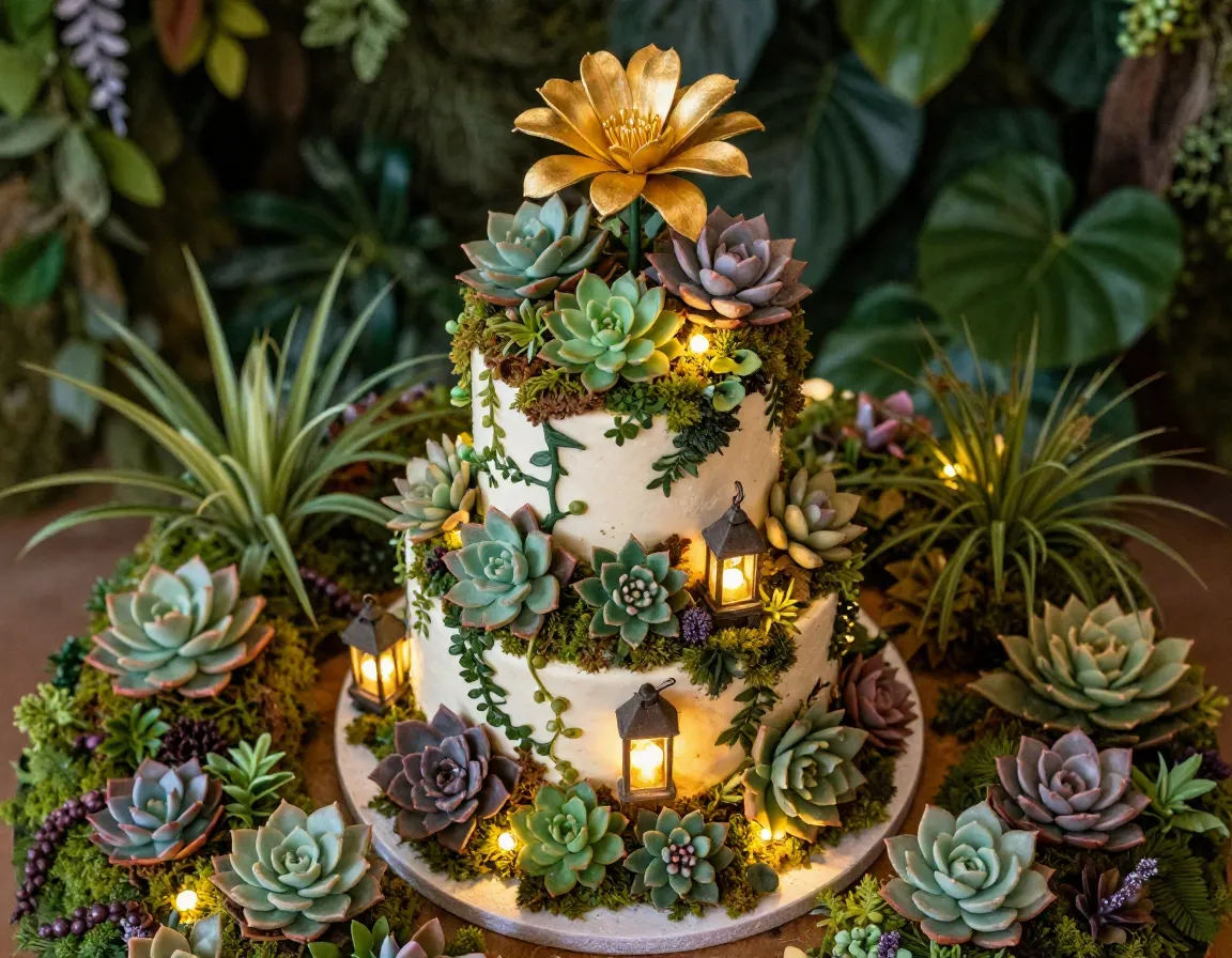 Garden tiered cake with sugar succulents and hidden lanterns