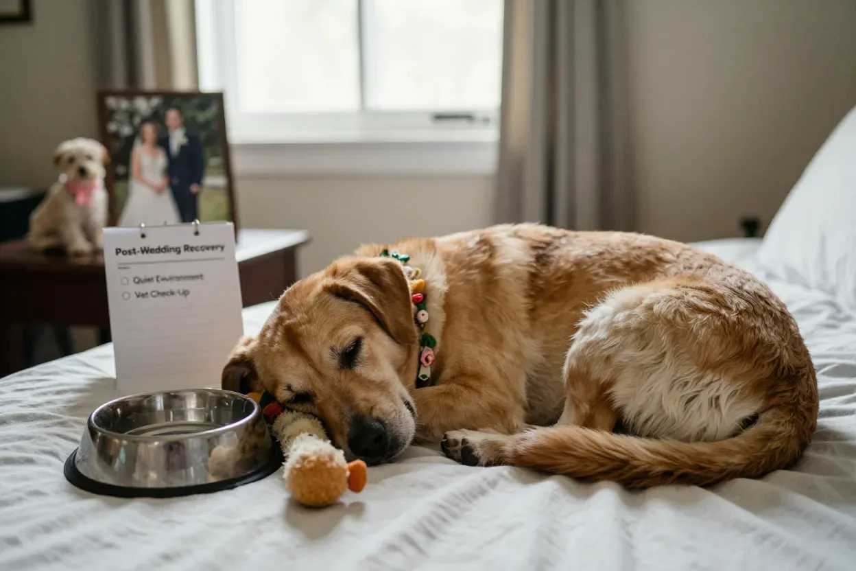 Dog resting at home in quiet recovery after wedding celebration