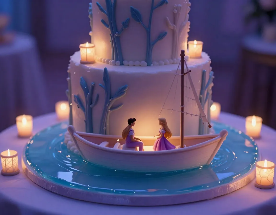 Wedding cake with edible boat scene and gelatin water