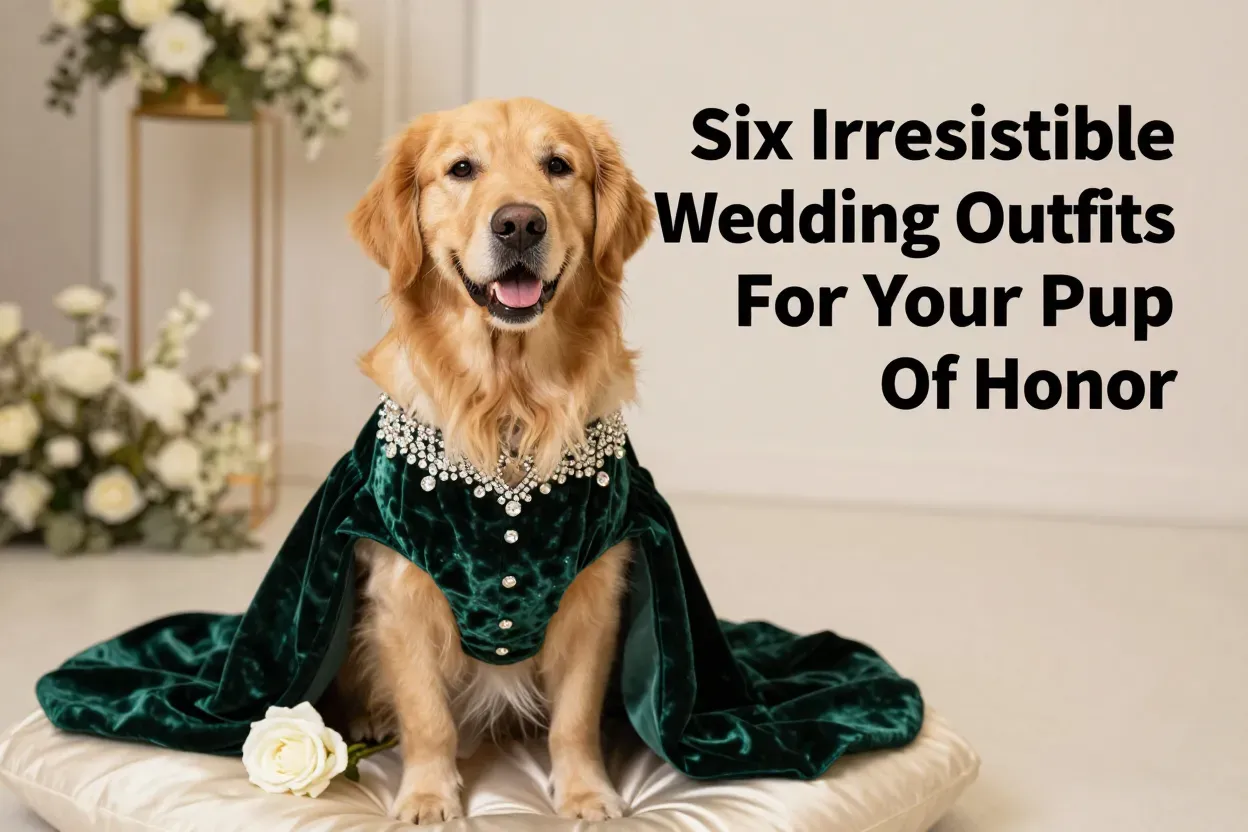 Elegant golden retriever in emerald velvet wedding gown on silk cushion
