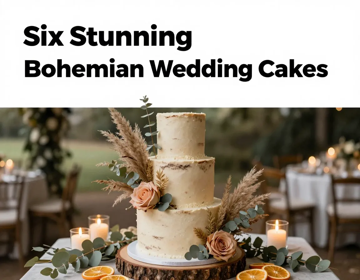 Rustic wedding cake with dried botanicals on wood stand candlelit setting