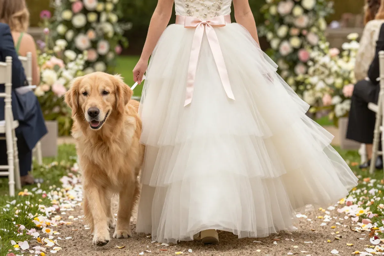 Classic tulle princess dress ivory golden retriever walking aisle