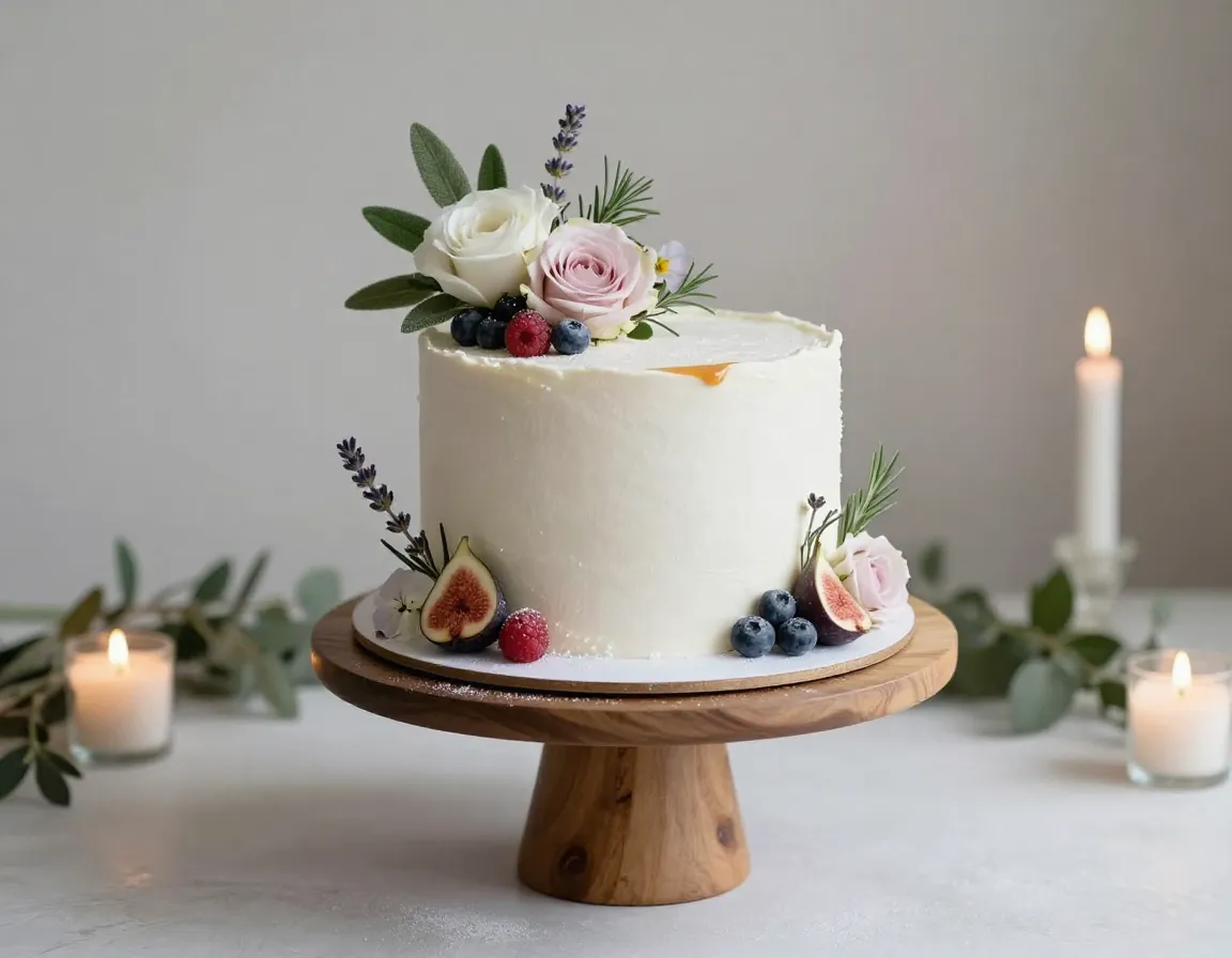 Minimalist white cake fresh roses berries wood pedestal stand