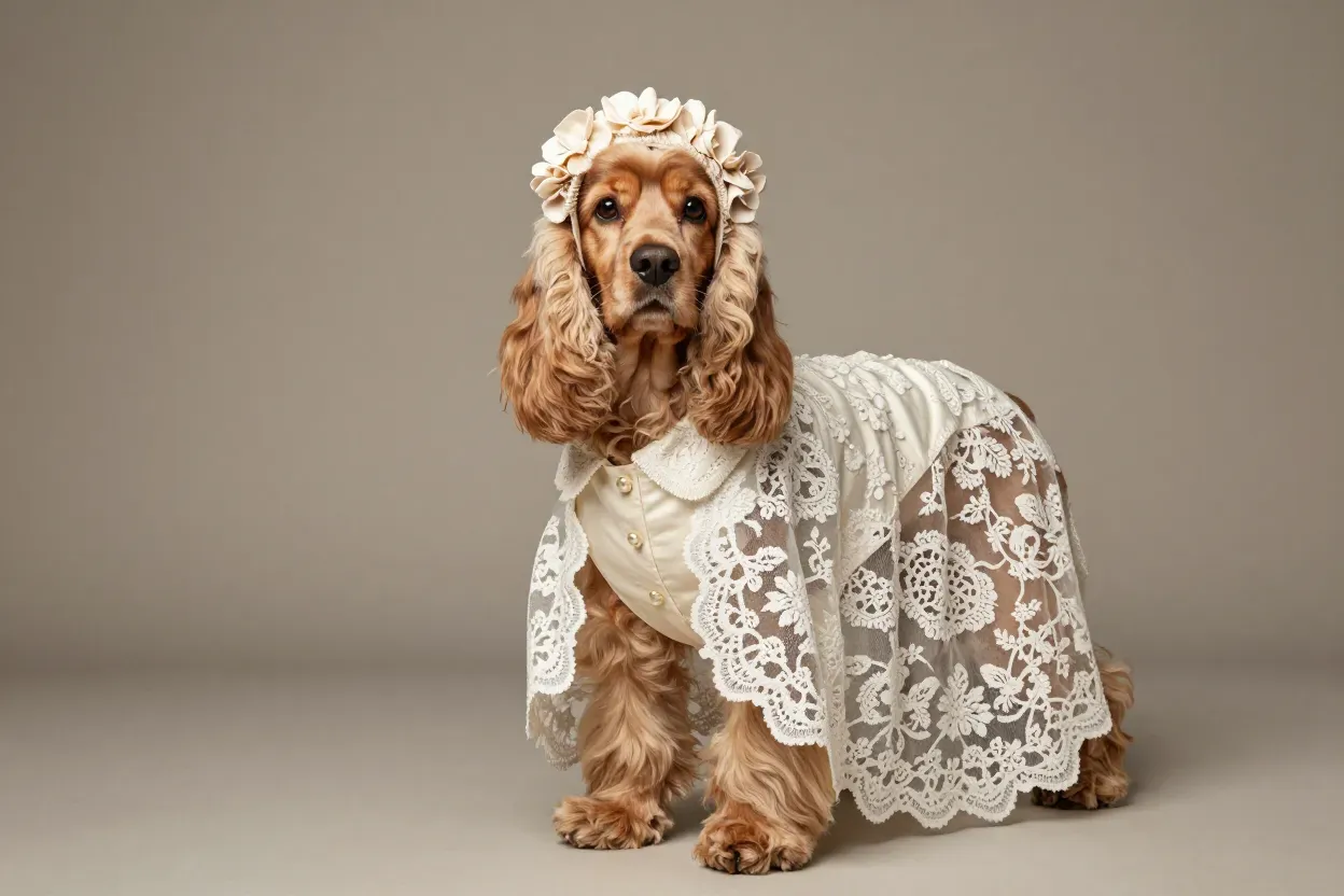 Sophisticated lace cape ensemble cocker spaniel studio portrait