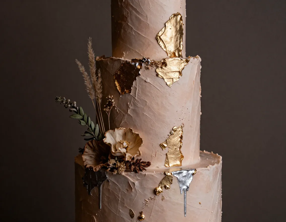 Boho chic cake edible gold leaf accents natural greenery details