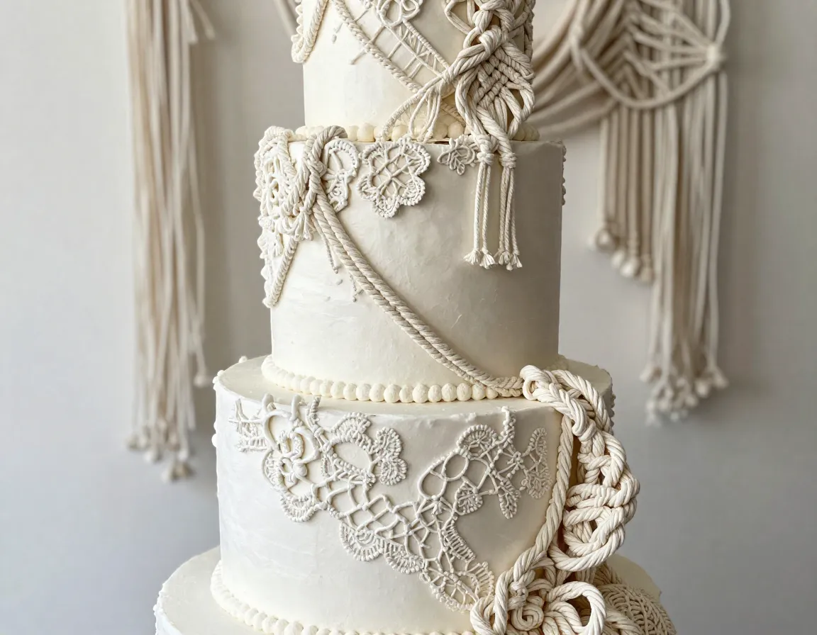 Edible macrame texture cake intricate lace piping real hanging elements