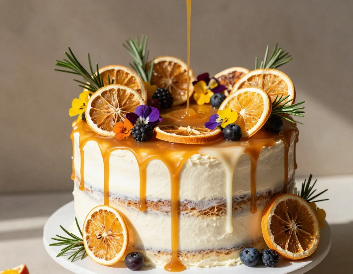Caramel drip cake dried citrus slices rosemary sprigs fresh berries