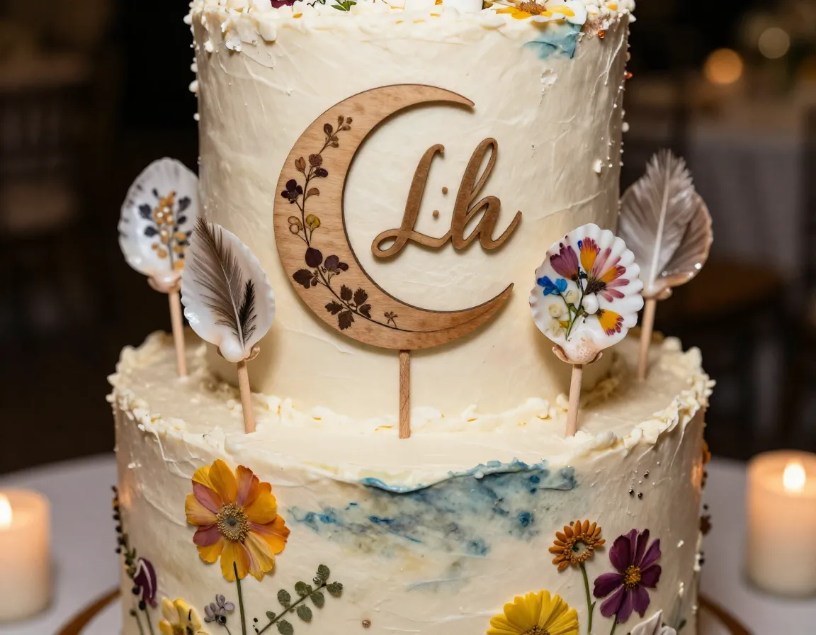 Crescent moon topper hand painted textures pressed flowers artistic details