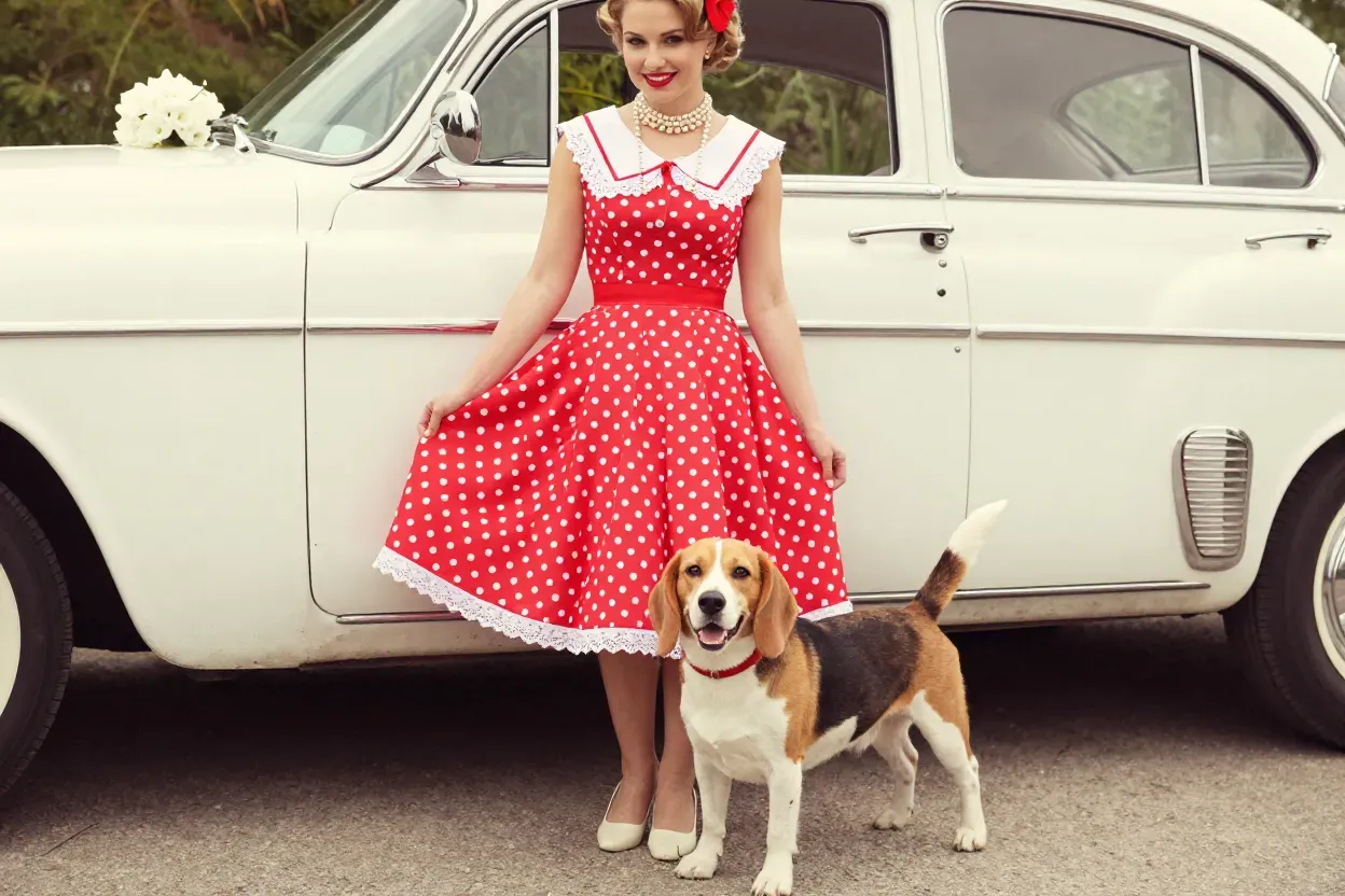 Vintage polka dot dress beagle 1950s car theme