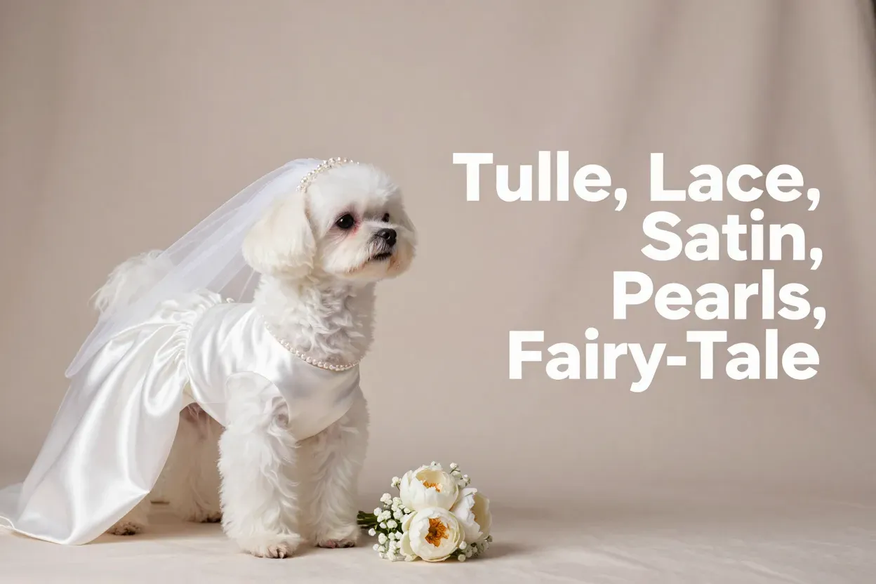 Small dog wedding dress modern elegant satin indoor minimalist photography