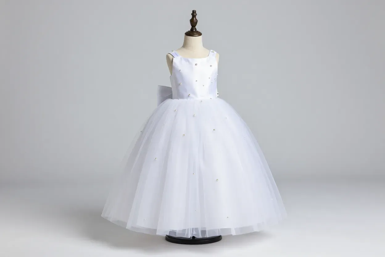Classic white tulle princess gown with pearl embellishments studio shot