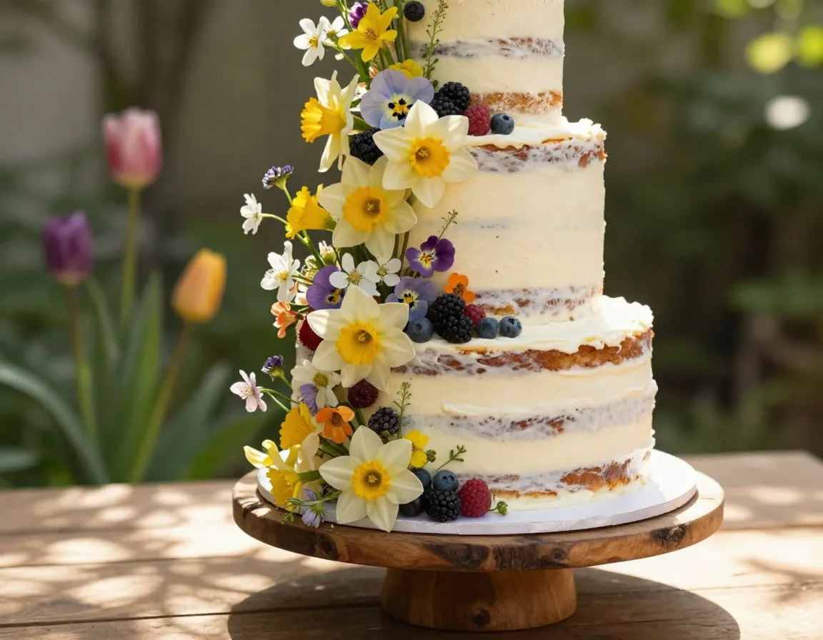 Three tier naked cake with wildflower cascade on wooden stand