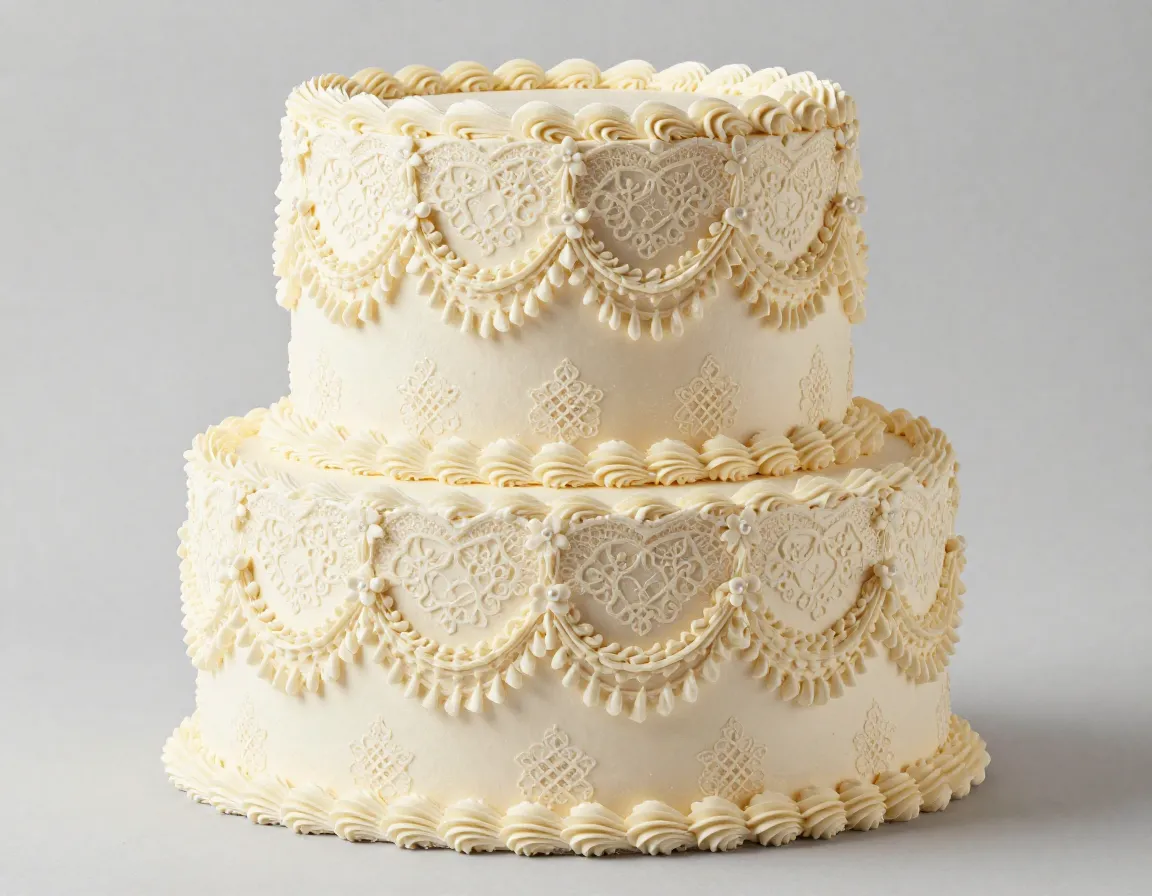 Ivory buttercream cake with intricate hand piped lace patterns