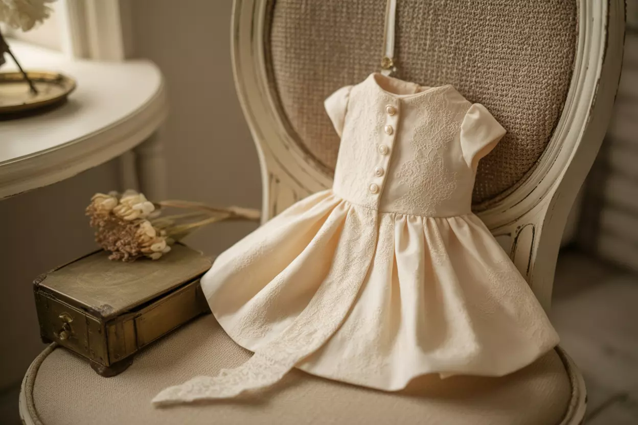 Vintage lace a line dog dress on antique chair background