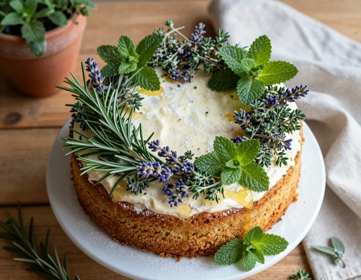 Rustic cake garnished with abundant fresh herb sprigs and honey