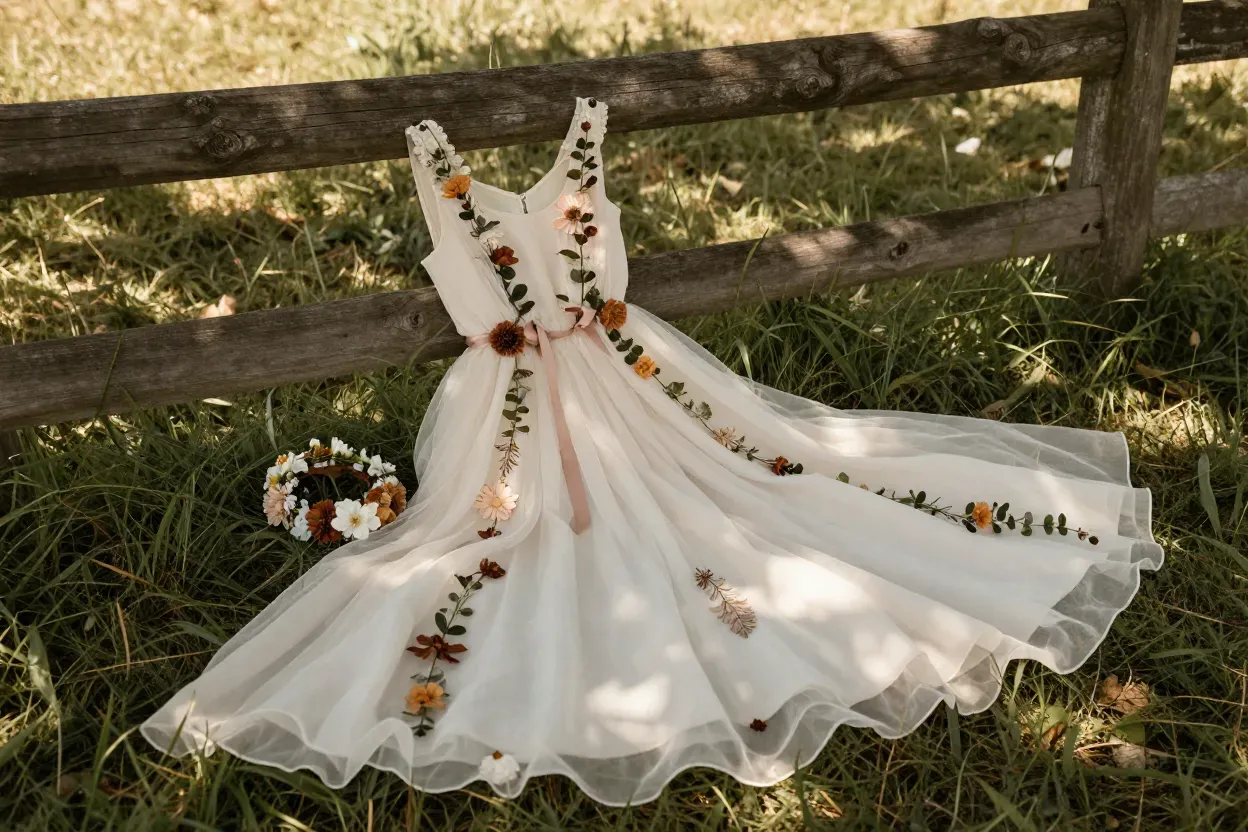 Bohemian flower adorned dog dress in meadow setting