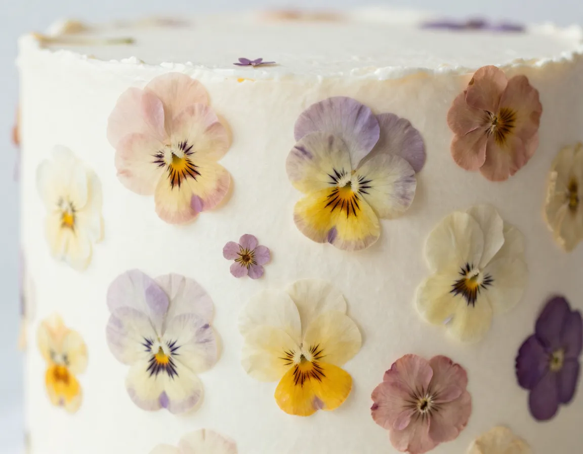 Smooth cake tier decorated with delicate pressed botanical flowers