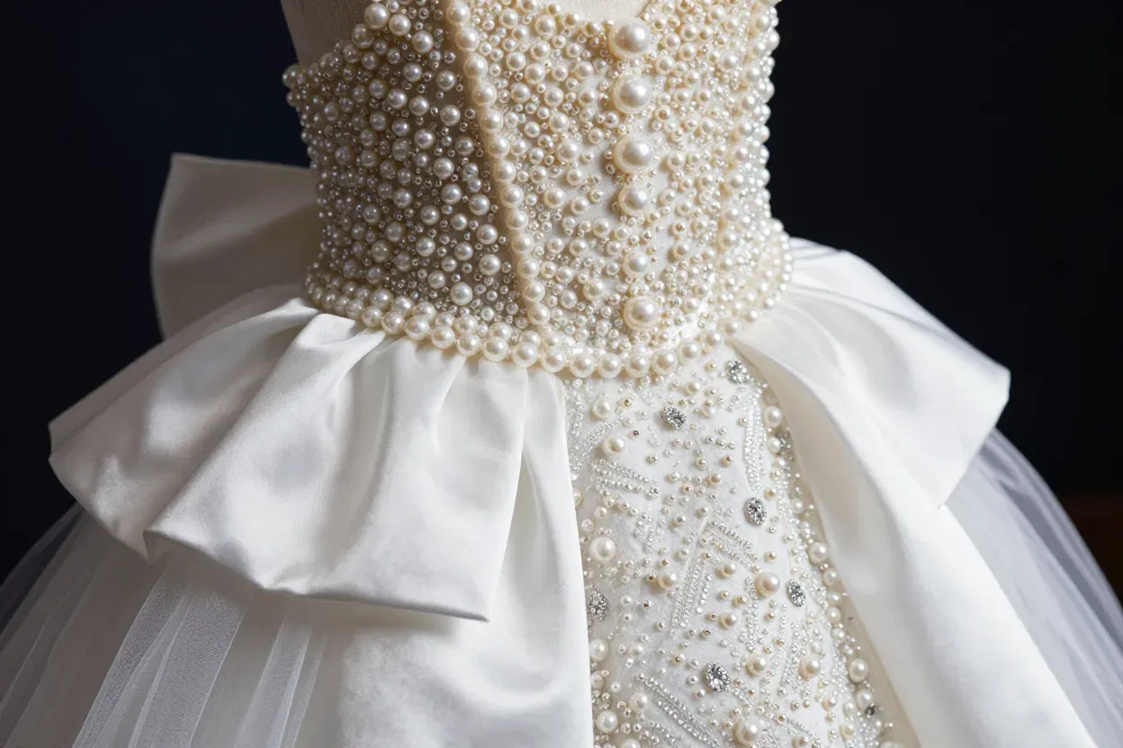 Elegant pearl embellished dog gown close up detail