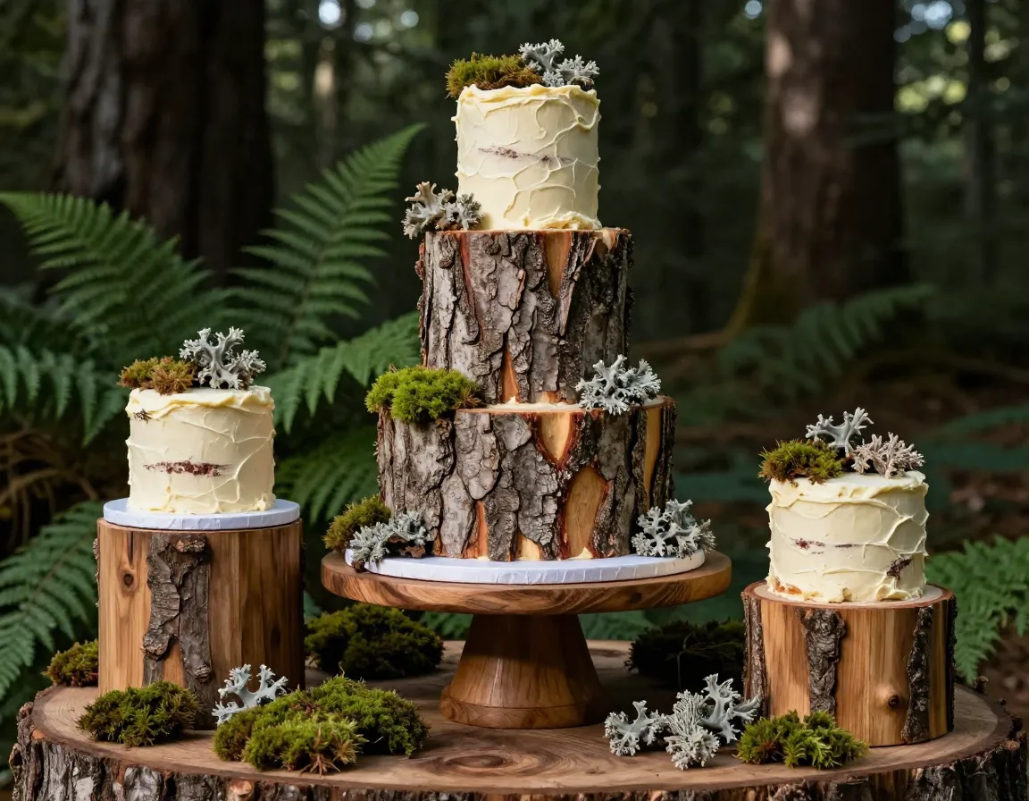 Tiered cake with bark buttercream on wood slices and moss