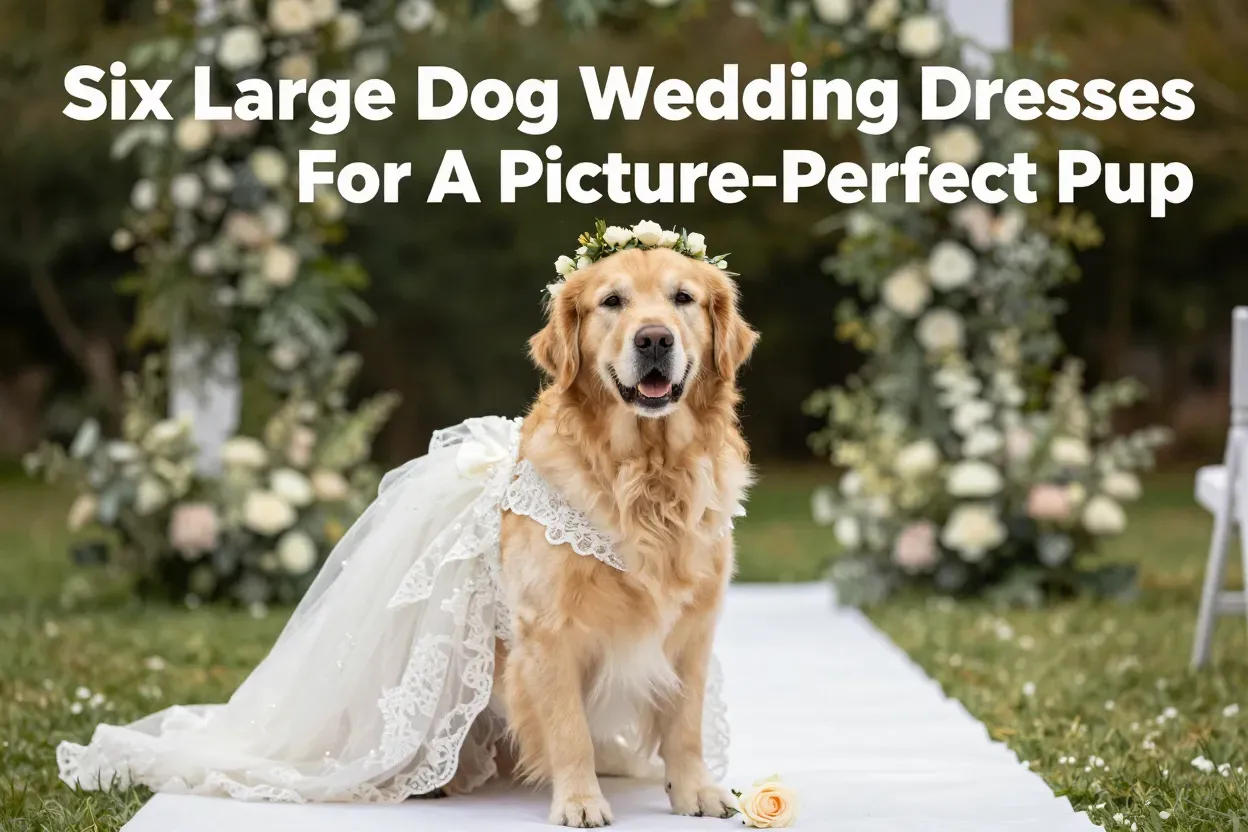 Golden retriever in white lace wedding gown with floral crown on garden runner
