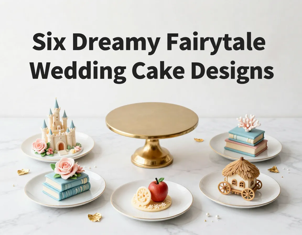 Minimalist flat lay of six fairy tale cake representations on marble