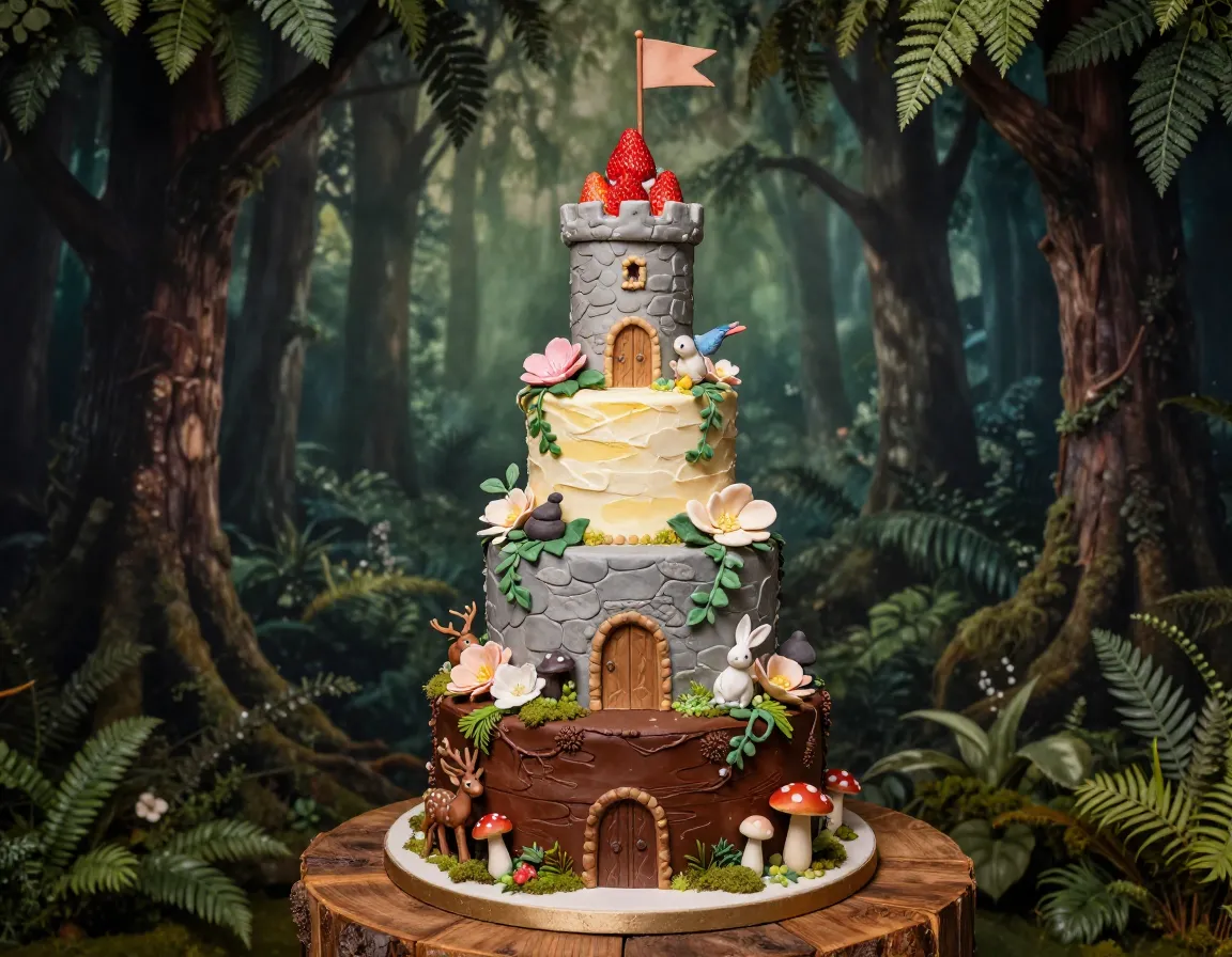 Enchanted forest castle cake with moss mushrooms woodland creatures
