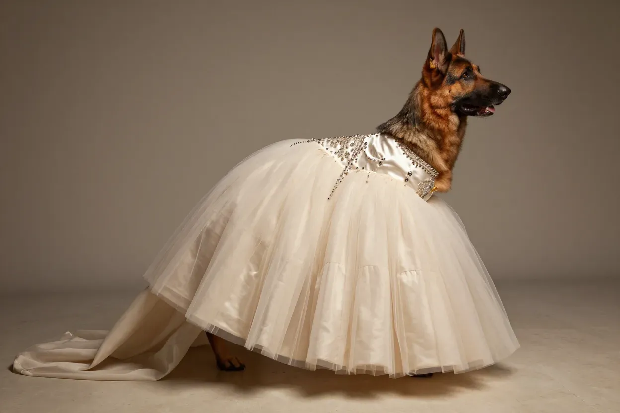 German shepherd in sparkling ball gown with voluminous tulle skirt