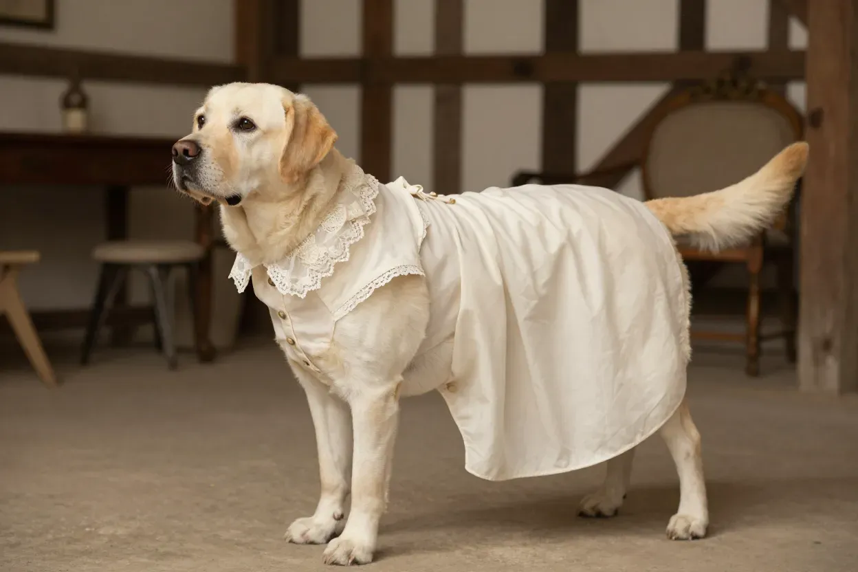 Labrador in tea length vintage dress with lace collar in barn