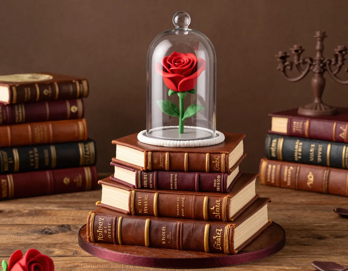 Beauty and the beast library cake with edible books rose