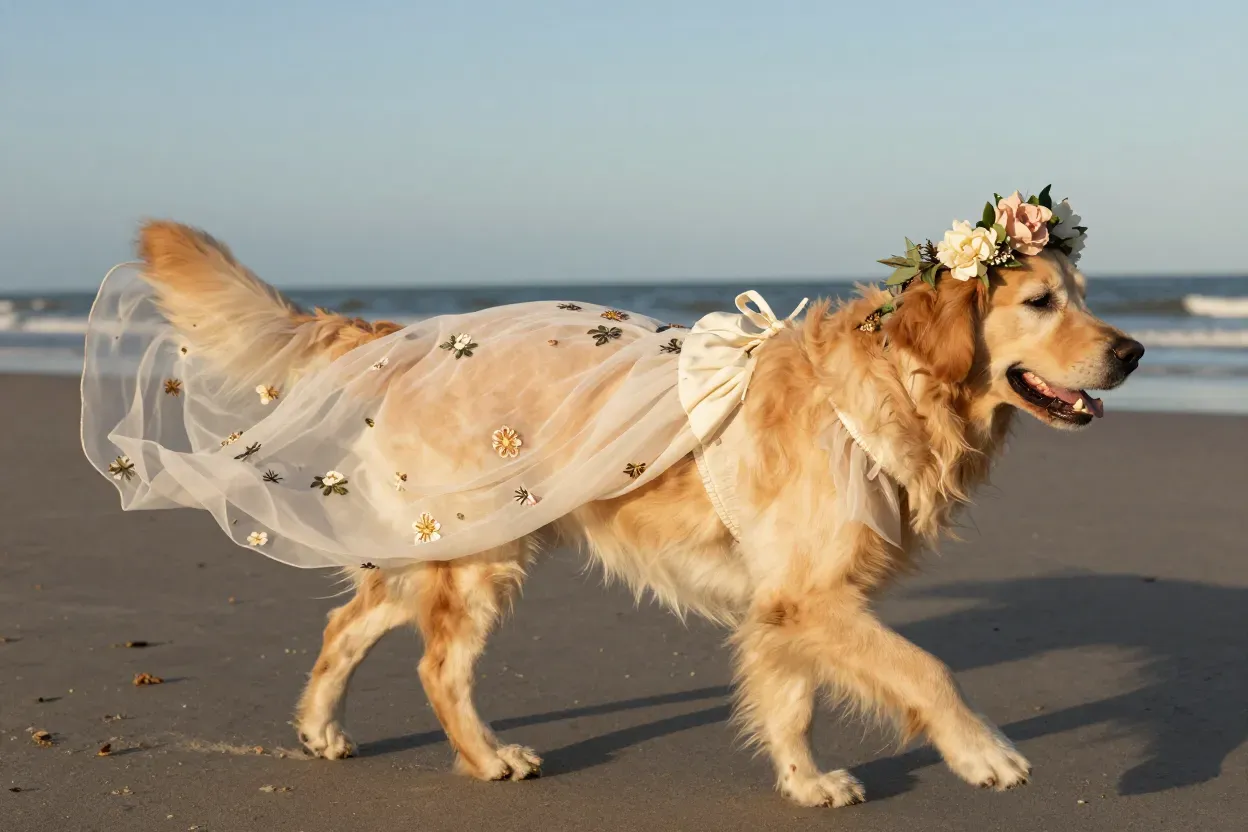 Golden retriever in flowing chiffon boho dress on beach at sunset