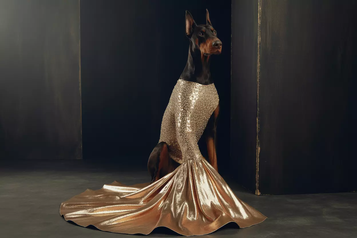 Doberman in sequined mermaid gown on dark red carpet backdrop