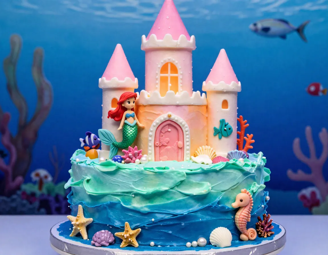 Little mermaid under the sea castle cake with coral waves