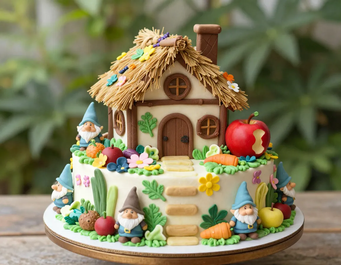 Snow white cottage garden cake with hidden dwarf hats