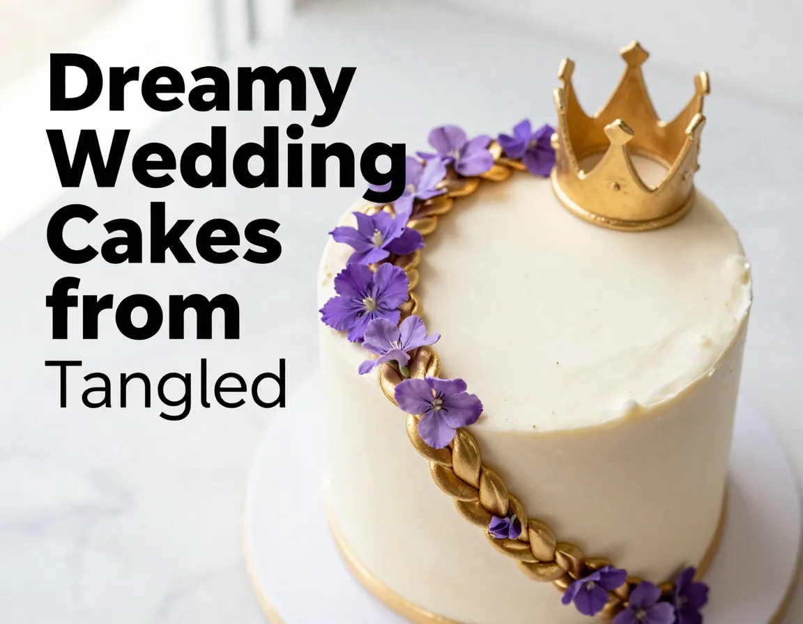 Elegant tangled wedding cake with golden braids and purple flowers