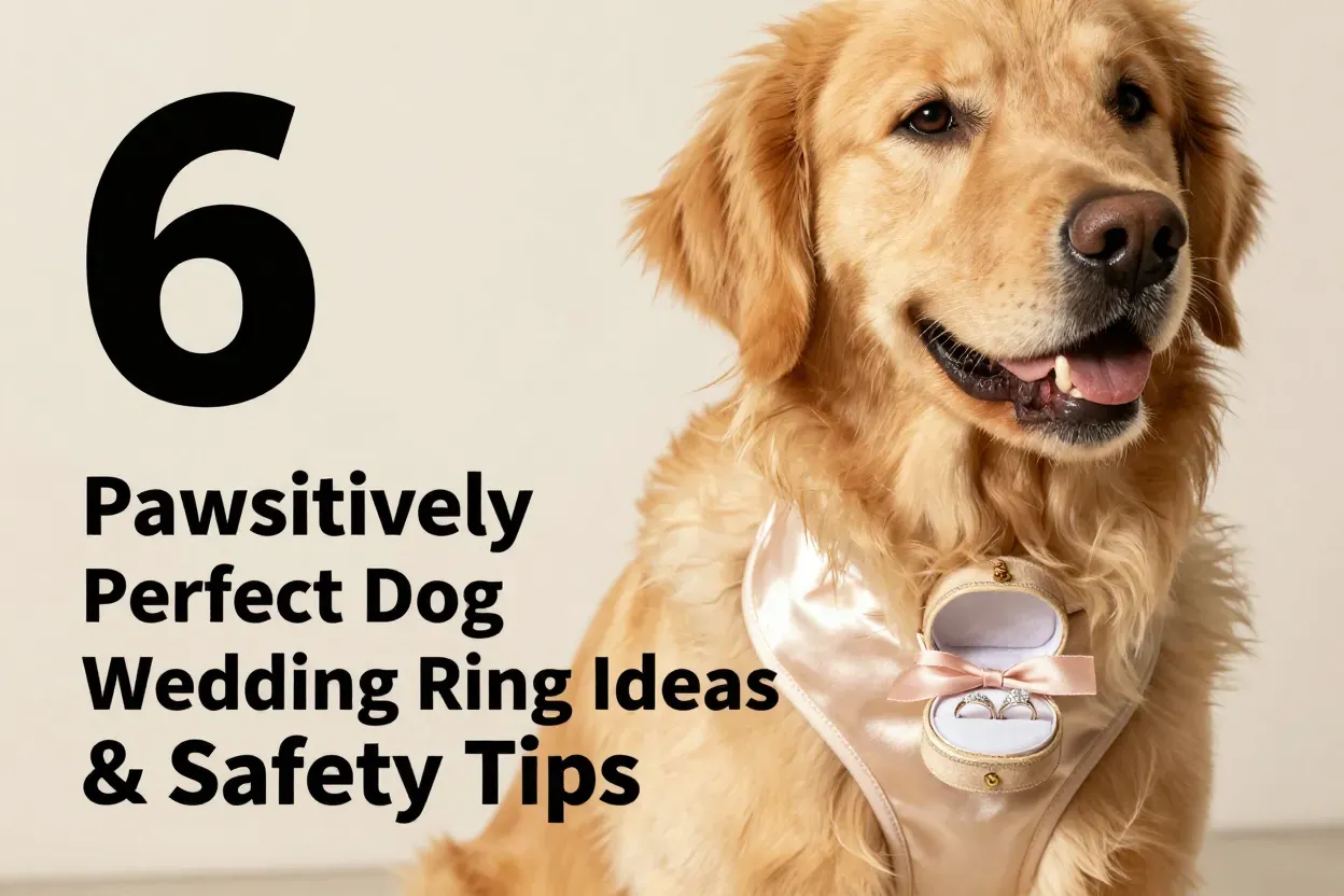 Golden retriever wearing elegant harness with vintage ring box attachment