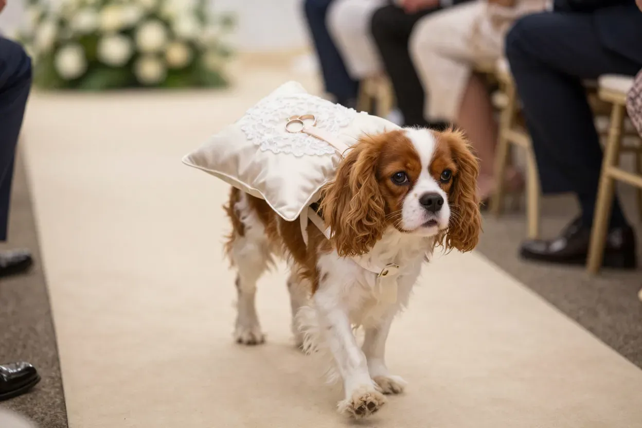 A small well groomed dog walks down the aisle with a satin ring pillow secured on its back