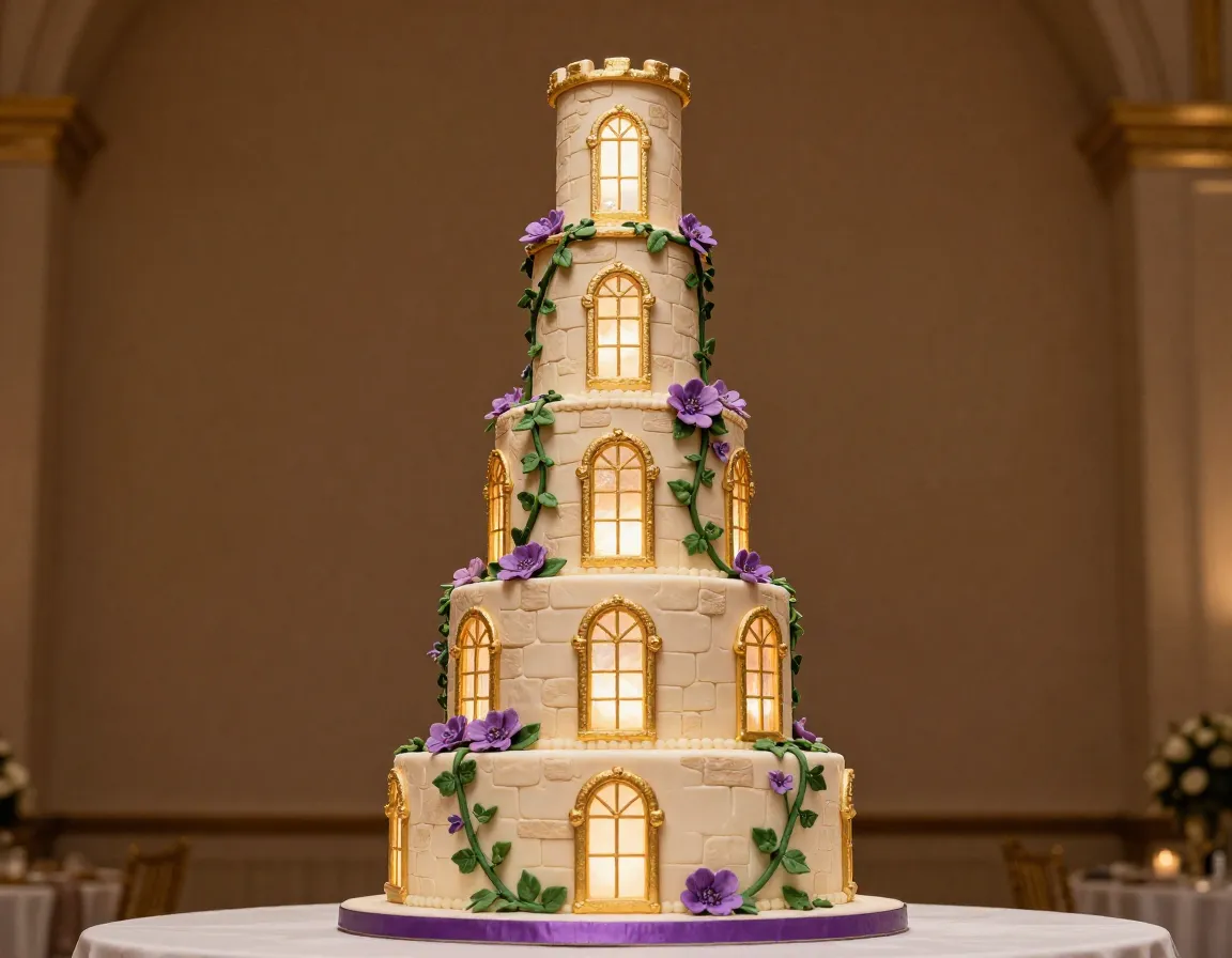 Rapunzels tower wedding cake with stone texture ivy and glowing windows