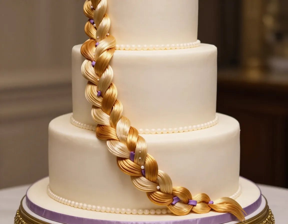 Three tier wedding cake with flowing fondant golden braid cascade