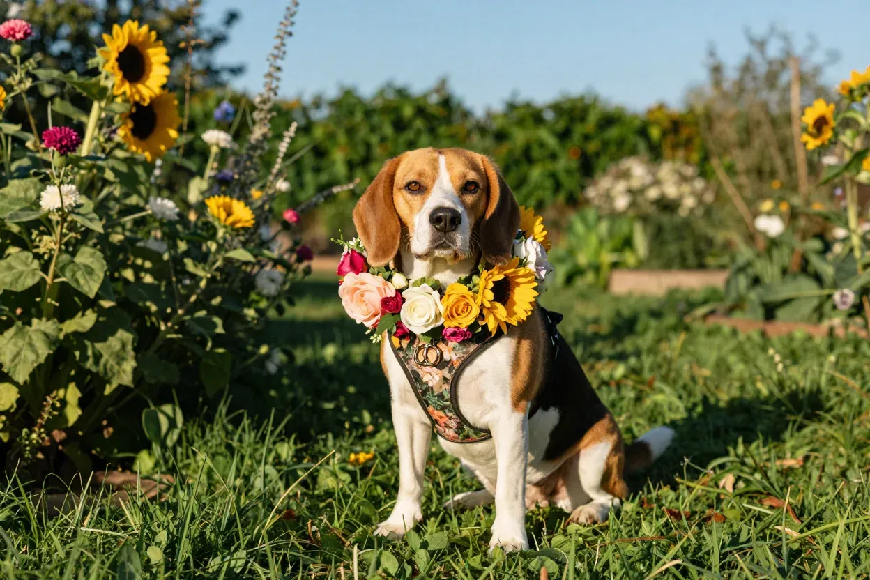 A beagle wearing a floral harness with sunflowers in a sunny garden wedding