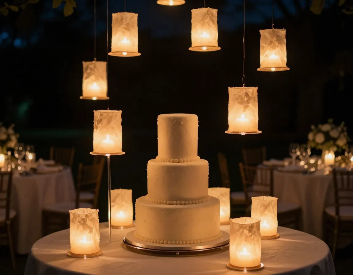 Evening wedding cake surrounded by glowing sugar floating lanterns