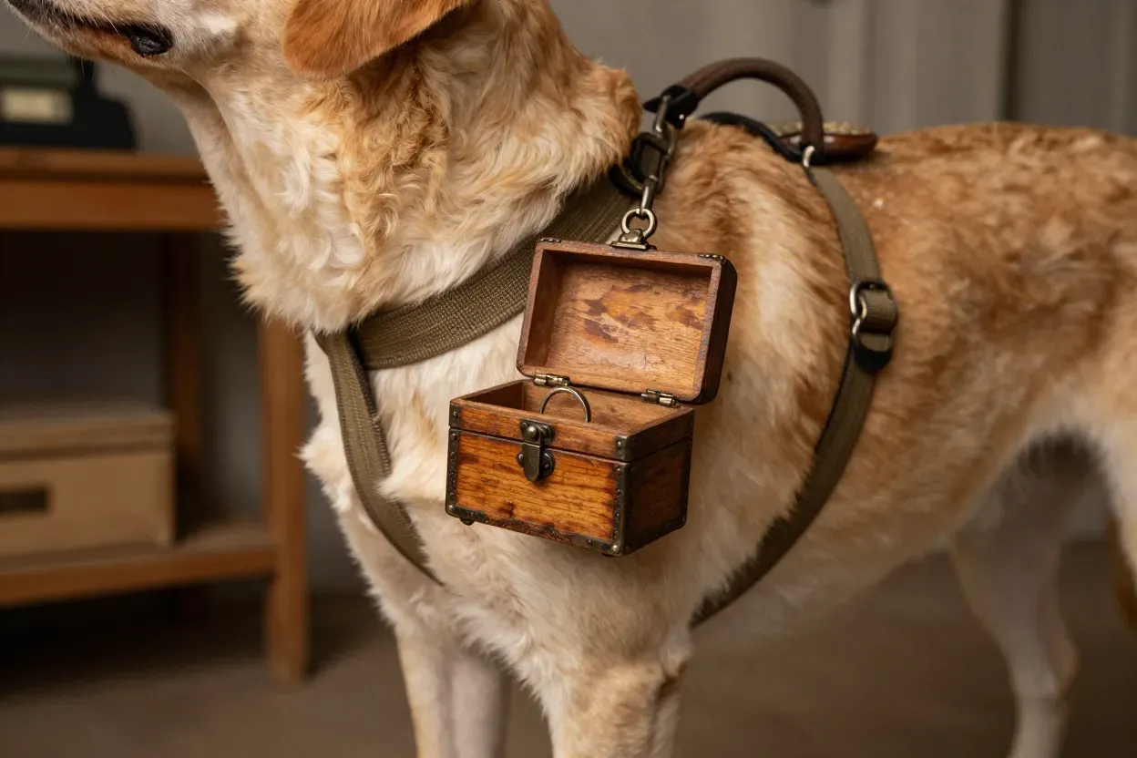 A labrador wearing a harness with a vintage wooden ring box attached at its side