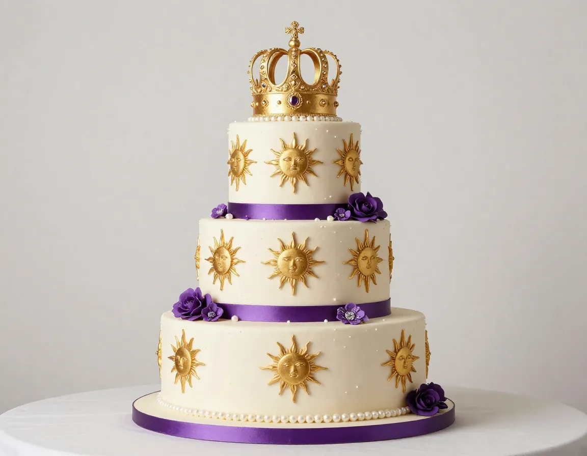 Square tiered wedding cake with gold crown sun symbols purple accents