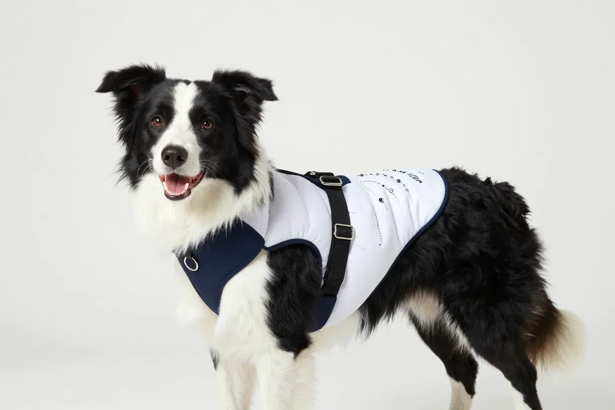 A border collie modeling a professional custom embroidered ring bearer harness