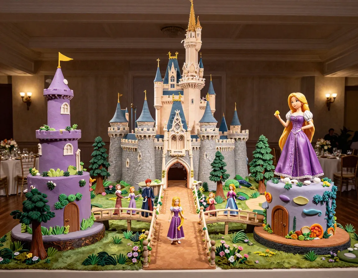 Enchanted forest wedding cake display with castle tower and figurines