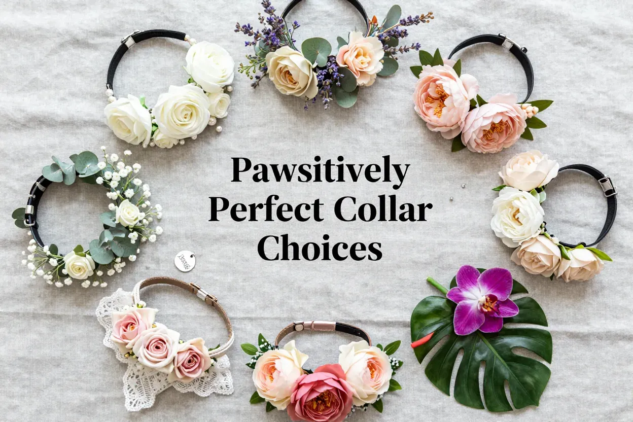 A curated semi circle of six unique floral dog collars on linen